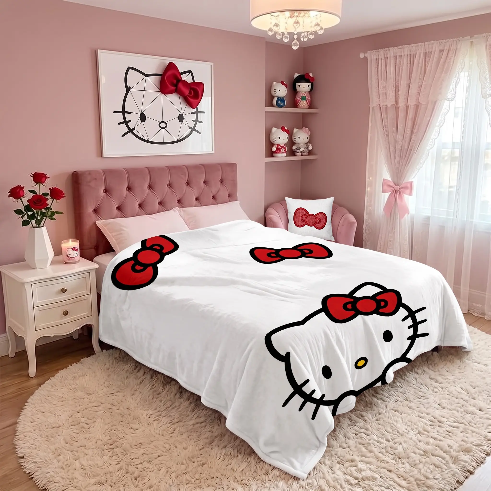 Sanrio Hello Kitty Red Bow Flannel Blanket - Flannel Fabric, Soft Texture, Warm, Lightweight, Vibrant 2D Cartoon Print, Kawaii Vibes, Home Decor Items for Couch, Bed