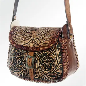 American Darling Messenger Bag Hand Tooled Genuine Leather Western Purse with Braided Trim and YKK Zipper for Women