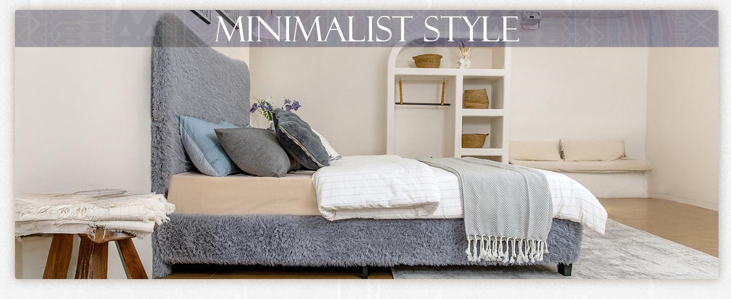 Yechen Bed Frame with Tall Headboard, Round Deluxe Soft Faux Fur Bedframe, Boho Boucle Cloud Upholstered Plush Bed with Metal Frame and Wood Slats, No Box Spring Required, Easy Assembly, (Beige, Grey) (Twin, Full, Queen)