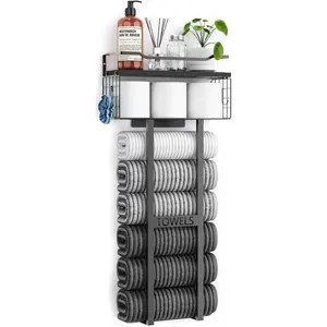 Towel Racks for Bathroom 31inch Wall Mounted Towel Rack,Floating Shelf with Wood Plank,Towel Storage for Bathroom can Holds 6 Large Rolled Towels,All Black