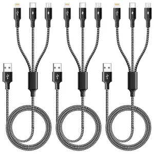 3-in-1 Multi Charging Cable, Fast Charging Braided USB Cable with USB-C, Micro USB & Lightning Connectors, Universal Charger Cord for iPhone 17/16/15/14/13, Android Phones, Tablets