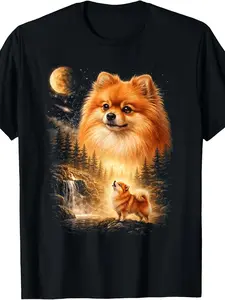 Vintage Mystical Dog Art T-Shirt Featuring a Pomeranian Howling at The Moon