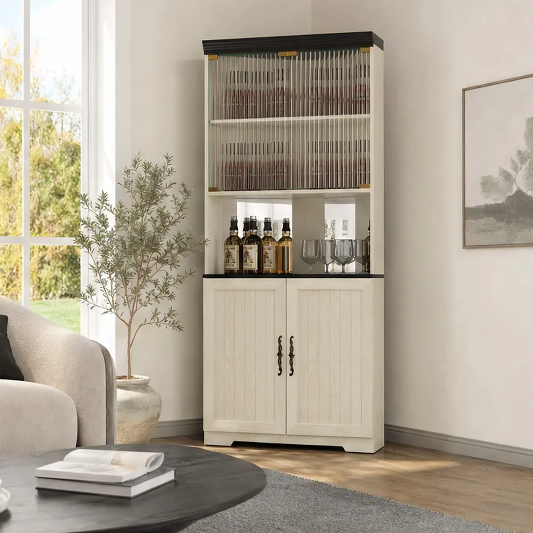 Tall Free Standing Corner Storage Cabinet with Tempered Glass Doors, Mirrored Back, 5-Tier Adjustable Shelves, MDF Wood Display Unit for Living Room, Kitchen, Dining Room, Multiple Color Options