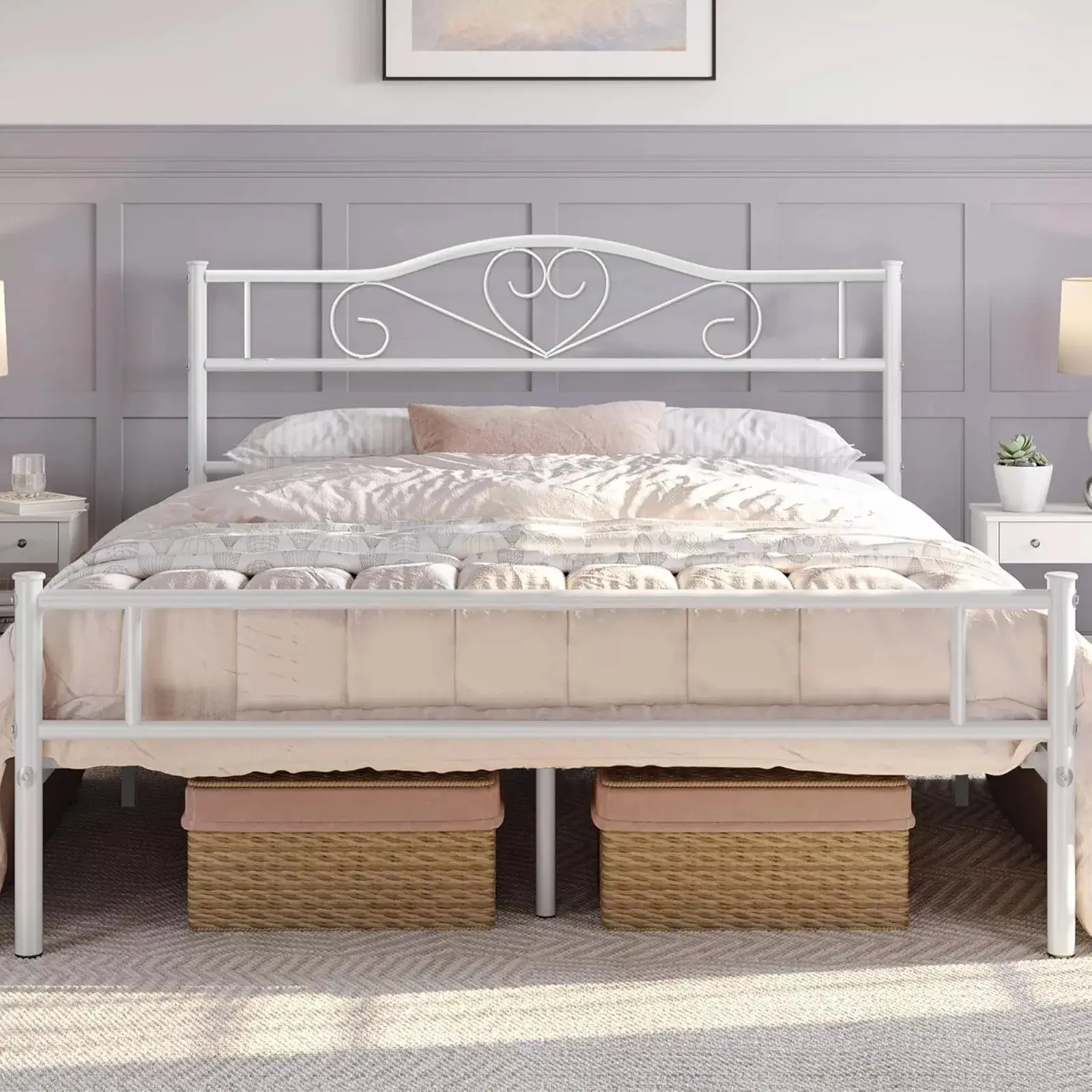 VECELO Twin Full Queen Size Bed Frame with Headboard Metal Platform Steel Slat Support No Boxing Spring Needed Mattress Foundation Noise-Free Easy Ass