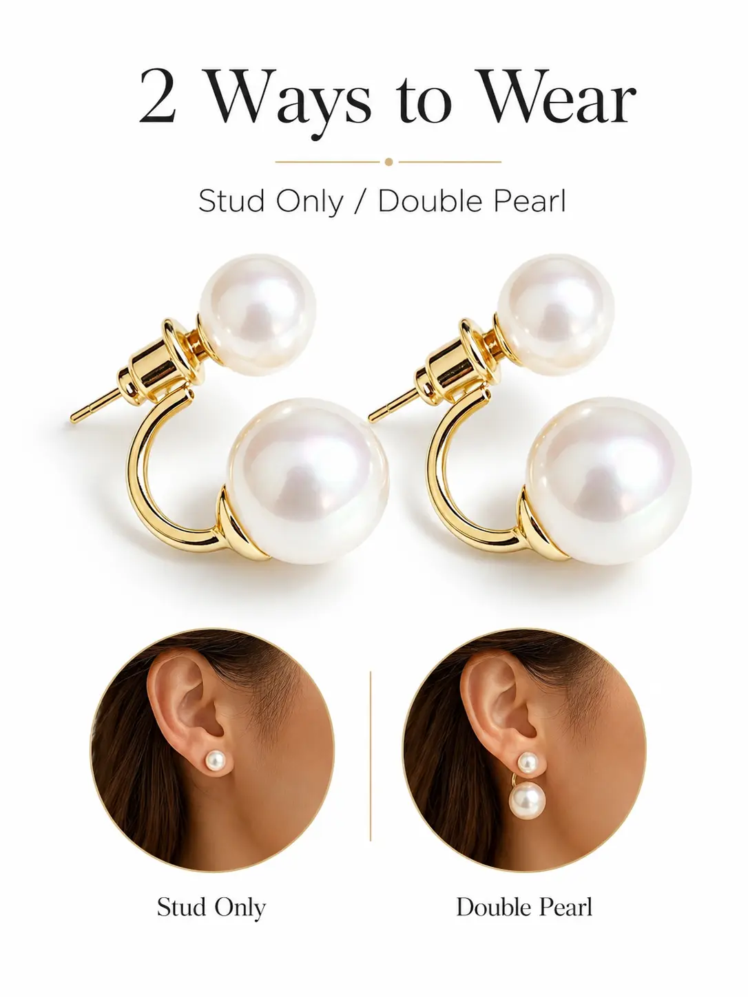 2-Way Pearl Stud Earrings for Women, Detachable Double Pearl Earrings, 0.8cm Small Stud & 1.19cm Large Pearl Drop, Lightweight Gold-Tone Fashion Earrings for Daily Wear, Date Night, Vacation & Gifts