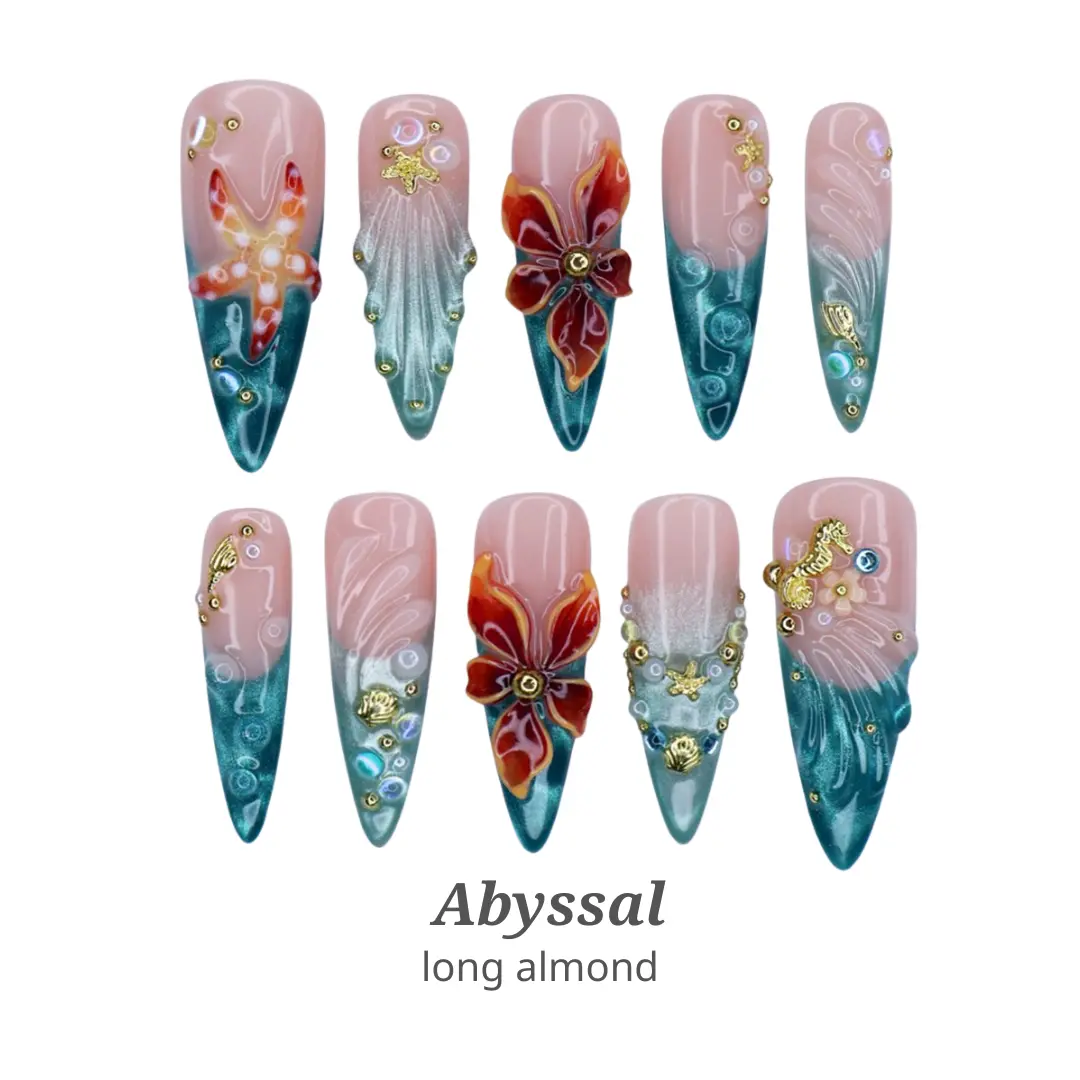Lilynailsart | Abyssal Press On Nails - Mermaid, Starfish, Seahorse & Tropical Flower Nail Art - Long Almond