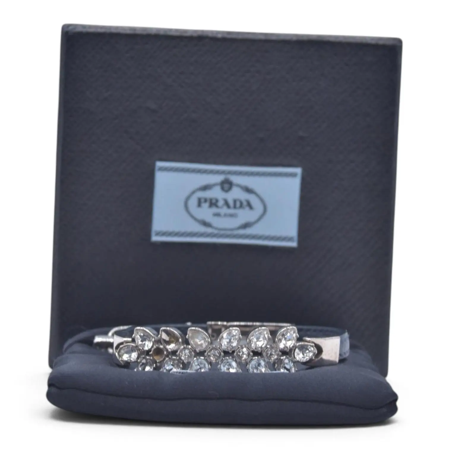 Pre-owned PRADA $550 Saffiano Leather Crystal Embellished Bangle Bracelet Blue Silver CONSIGNMENT 10021584