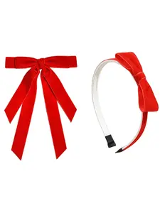 2-Piece Red Velvet Christmas Hair Bow Set for Mom & Daughter, Matching Luxury Headband & Alligator Clip,  Holiday Photo Outfit Accessories, Newborn Toddler Girls Women Xmas Gift, Hair Bows Headbands
