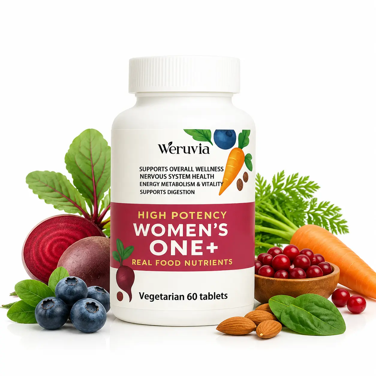 Women’s Multivitamin One A Day, High Potency Real Food Nutrients Formula, Daily Vitamin Support for Energy Metabolism, Nervous System & Overall Wellness, Vegetarian Tablets, 60 Count