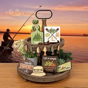 Fishing Themed Wooden Tiered Tray Decoration, 16pcs/set Fishing Themed Desktop Ornament, Home Decor for Living Room Bedroom, without Tray