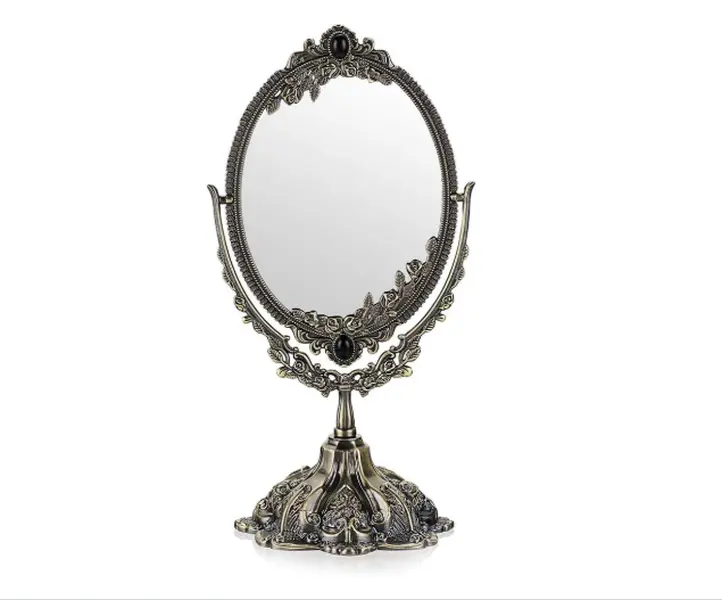 JUXYES Metal Tabletop Antique Decorative Makeup Mirror with Stand (11.5"L x 5"W)