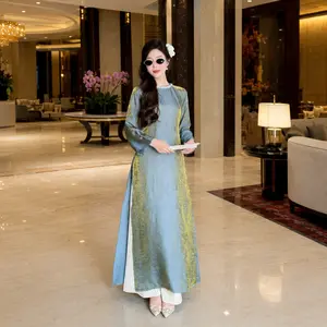 Blue Green Silk Ao Dai Dress, Traditional Asian Gown, Textured Brocade Maxi Tunic, Formal Cultural Event Attire, Wedding Guest Dress