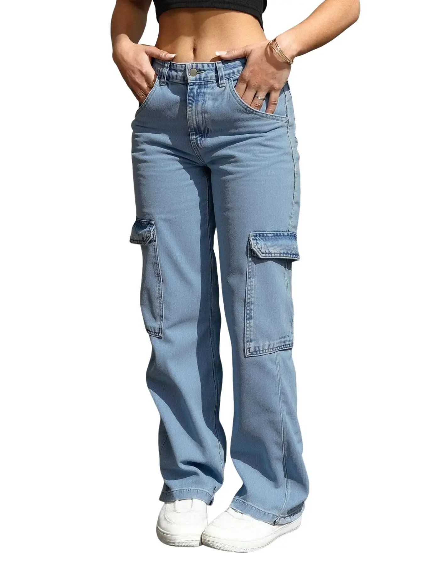 Women's High-Waisted Cargo Jeans, Chic Wide Leg Denim Pants in a Light Blue Wash for Everyday Casual Streetwear, Comfortable, High Waist, Button, Washed Look, All Season
