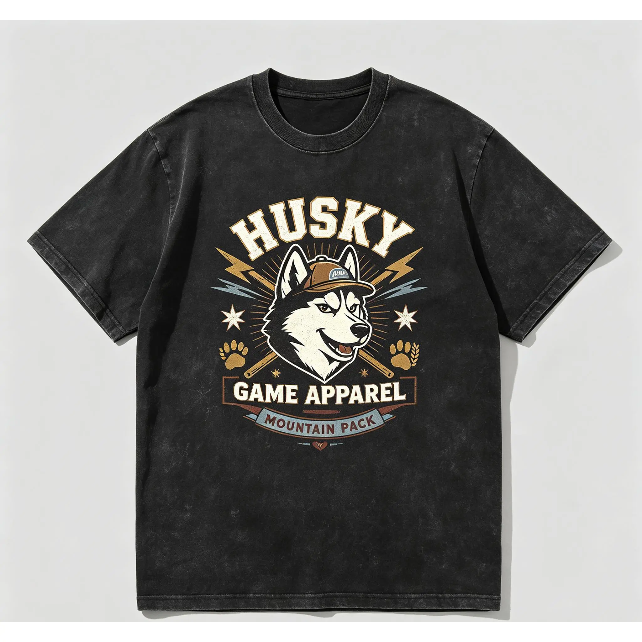 Men's Vintage Washed Black T-shirt with Husky Mountain Pack Graphic, Relaxed Fit 230g Cotton Jersey Shortsleeve Top, Novelty Dog Lover Gift, Tshirt, Sport, Mascot, Loose, Fabric, Distressed, Vibe, Outdoor, Retro, Ribbed, Soft, Tee, Streetwear, Apparel