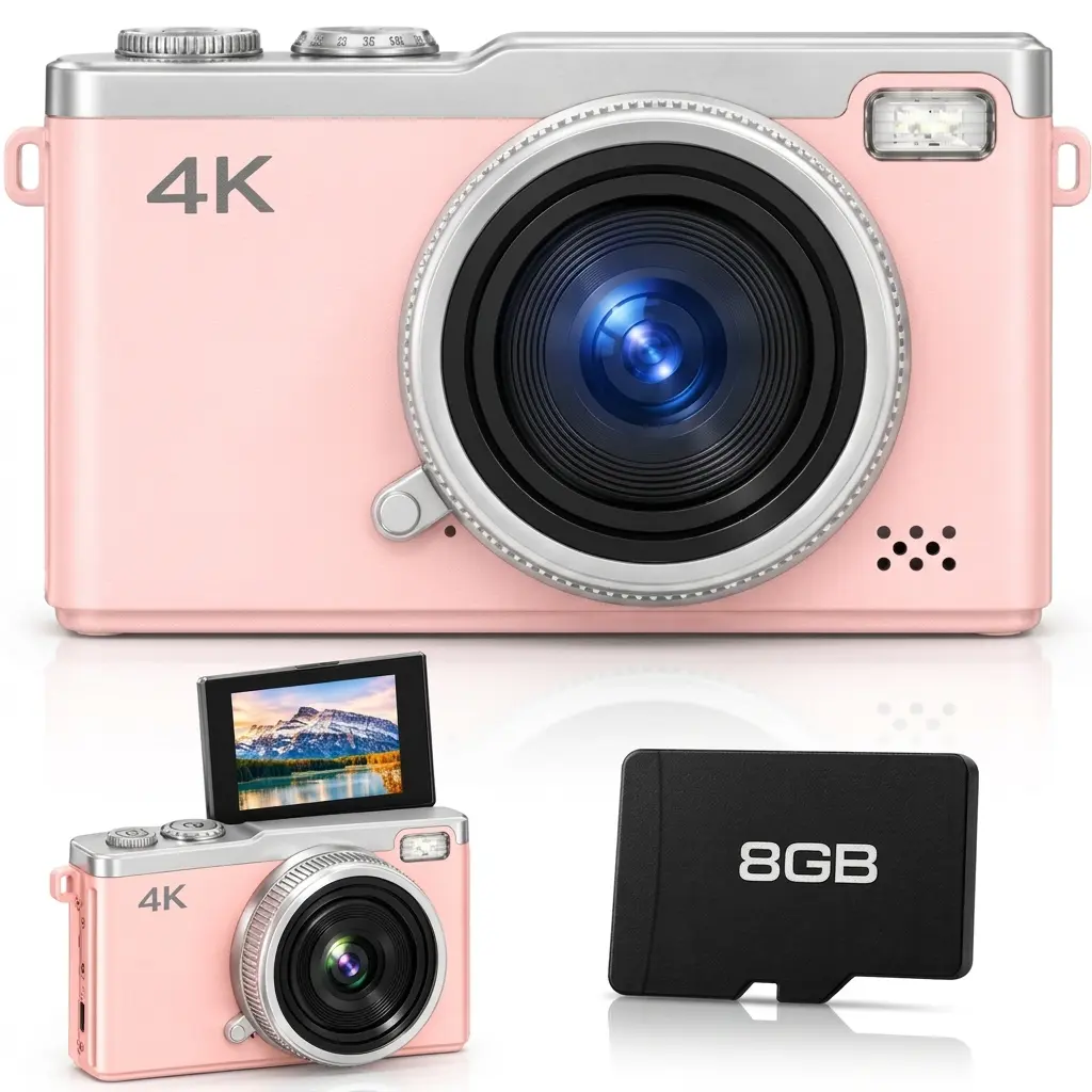 4K Compact Digital Camera with 8GB SD Card, 180 Degree Flip Screen, 64MP Interpolated Photo Resolution, 16X Digital Zoom, 2.4 Inch Display, Type C Rechargeable Camera White