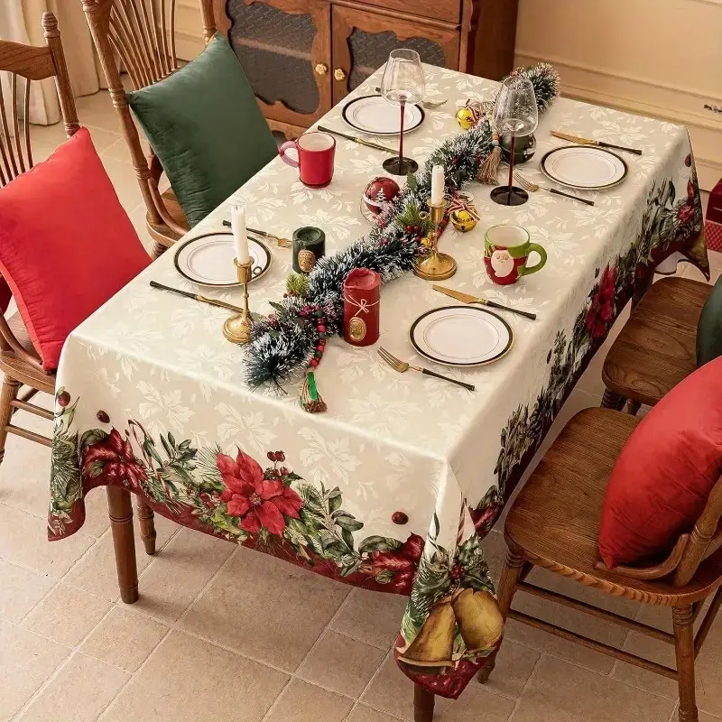 Rectangular Christmas Tablecloth, Table Covers, Poinsettia Design, Holiday Party Decorations, New Year Eve Dinner Decoration, Festive Tableware, Party Decoration Supplies