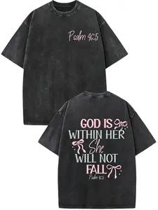 Women's & Unisex Distressed Vintage T-Shirts, Soft Washed Fabric, Round Neck, Short Sleeve, Casual Comfy Tee, Casual Everyday Fit, Bible Verse Psalm 46:5 Print (God is Within Her She Will Not Fall), Pink Bow & Scripture Design Black Crewneck