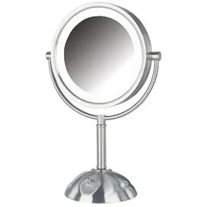 212 MAIN Jerdon Style Round LED Lighted Table Top Mirror - HL8808NL Model, 8.5 in., 8X-1X Magnification, 16 in. Height, Nickel Finish, 3 Settings, Bathroom Decor, Round Mirror