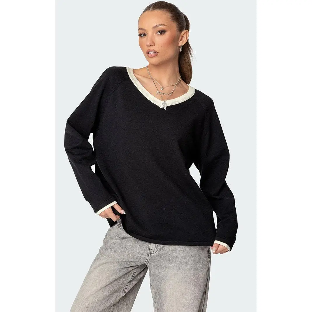 Edikted Women's Contrast V Neck Knit Sweater