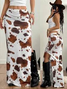 Women's Cow Print Split High Waist Slimming Bodycon Skirt, Sexy Half-Length Dress, Fashionable and Comfortable, Perfect for Parties and Daily Wear