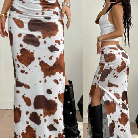 Women's Brown and White Cow Print Slit High Waisted Slimming Fit Knit Bodycon Side Split Animal Print Slit Hem, Womenswear, Sexy Half-Length Dress, Fashionable and Comfortable, Perfect for Parties and Daily Wear, Maxi, High Waist Skirts