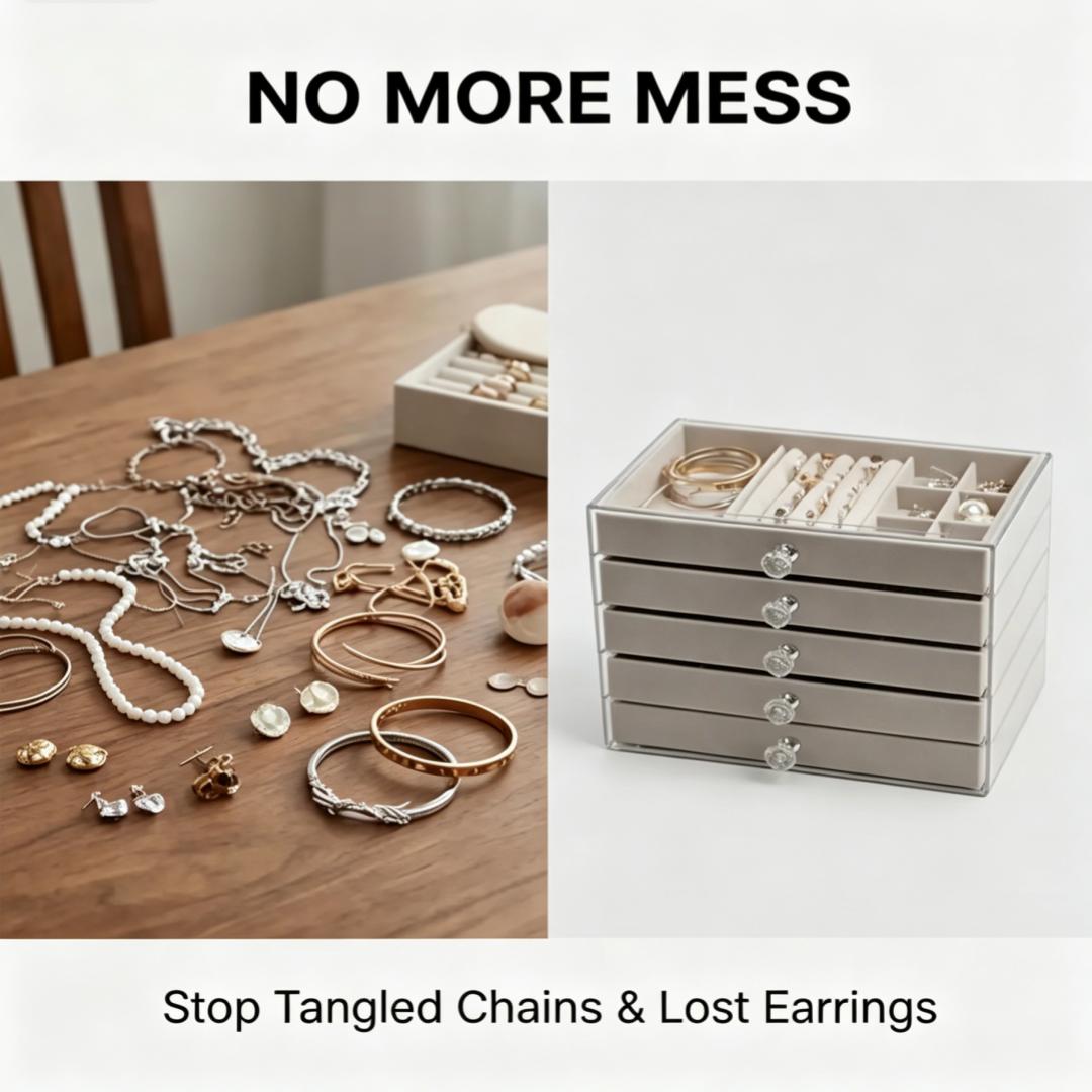 5-Tier Acrylic Jewelry Box with Velvet Drawers & Removable Trays,Clear Jewelry Storage Organizer with Adjustable Partitions,Anti-Scratch Protection for Rings Earrings Necklaces,Desktop Display Holder for Home Dressing Area,Practical Gift for Mom Wife