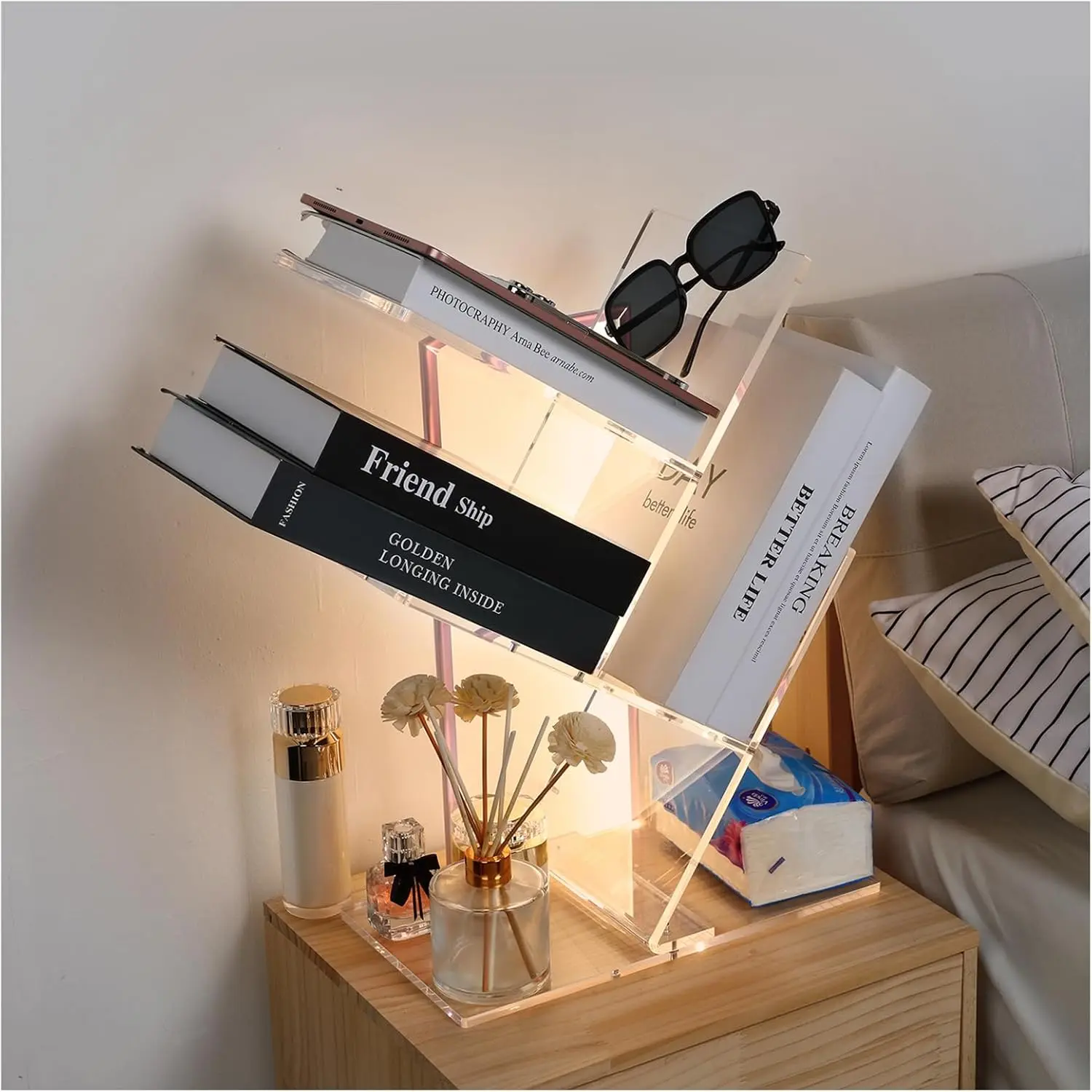 YiXinHon USB luminous bookshelf, three-layer frosted acrylic bookshelf, home book/CD/movie storage cabinet, bedroom/room corner/office/living room