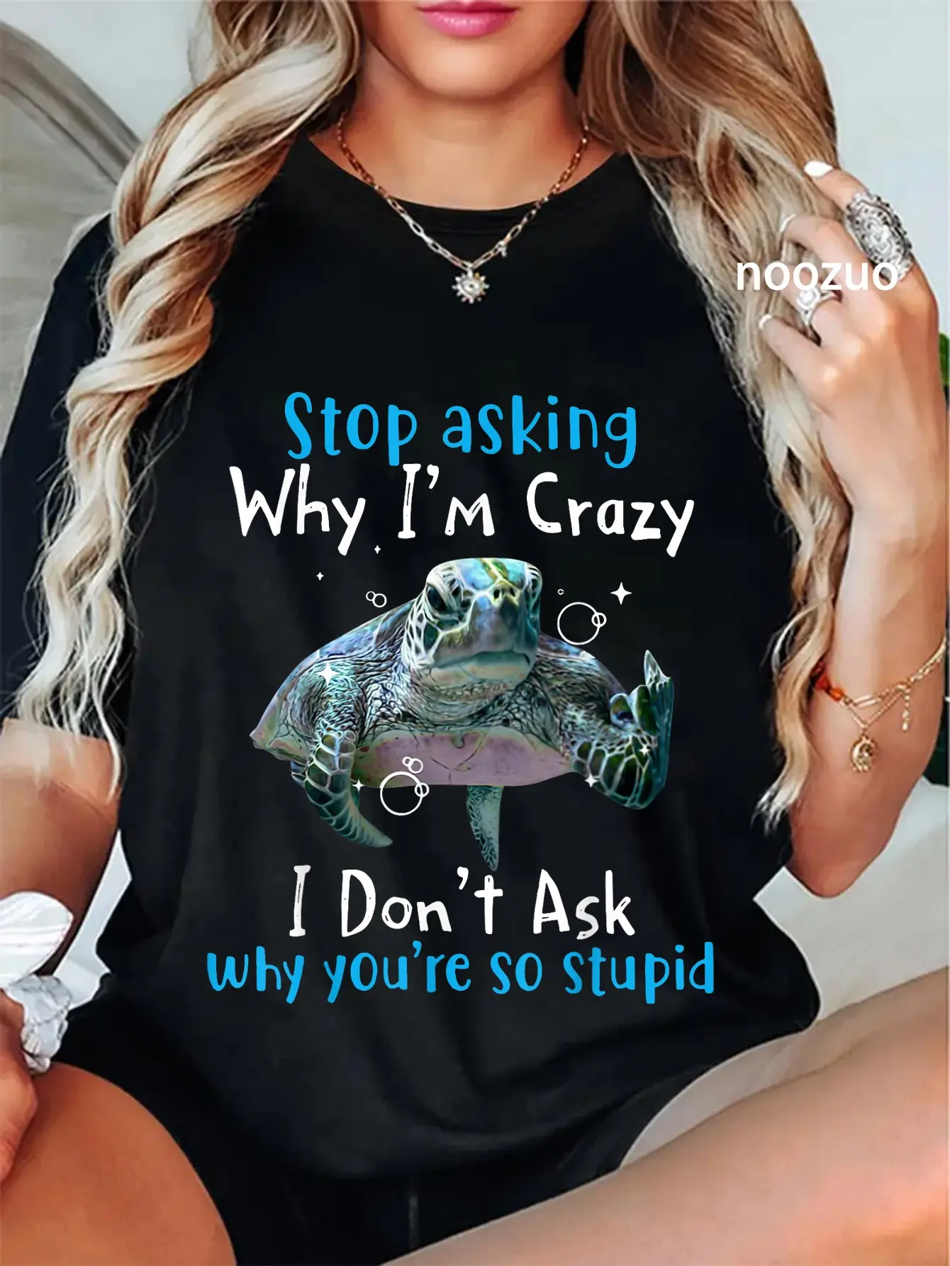 Lady's 100% Cotton Short-Sleeve Casual Everyday Graphic T-Shirt - Funny Sea Turtle Print, "Stop Asking Why I'm Crazy" Slogan, Shortsleeve, Round Neck, Women, Vintage, Whimsical, Funny Slogan