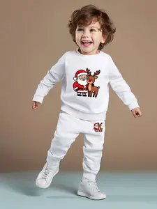 Boys' Christmas Cartoon Santa & Reindeer Sweatshirt Set, Casual Fitted Long Pants, All Seasons, Random Print, Two-Piece