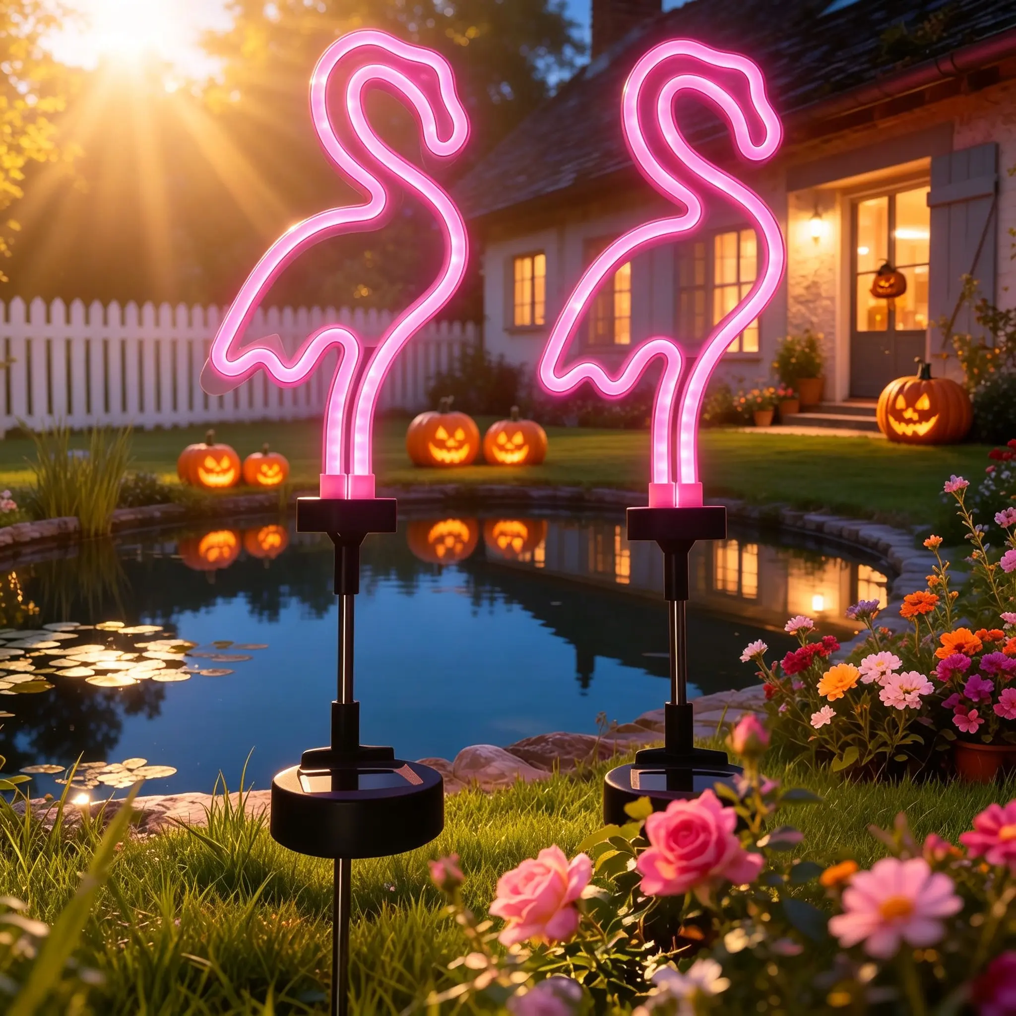 2-Pack Neon Pink Flamingo Solar Outdoor Lights - Waterproof Decorations for Garden, Patio, Pathway,Solar Outdoor Lights,      Gifts for Women Mom Grandma and Daughter,Halloween Solar Garden lights