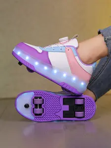 One pair of children's shoes. They are children's sports shoes with wheels. The sole has a rechargeable glowing light. The wheels are detachable. It has a leather upper and is suitable for both boys and girls.