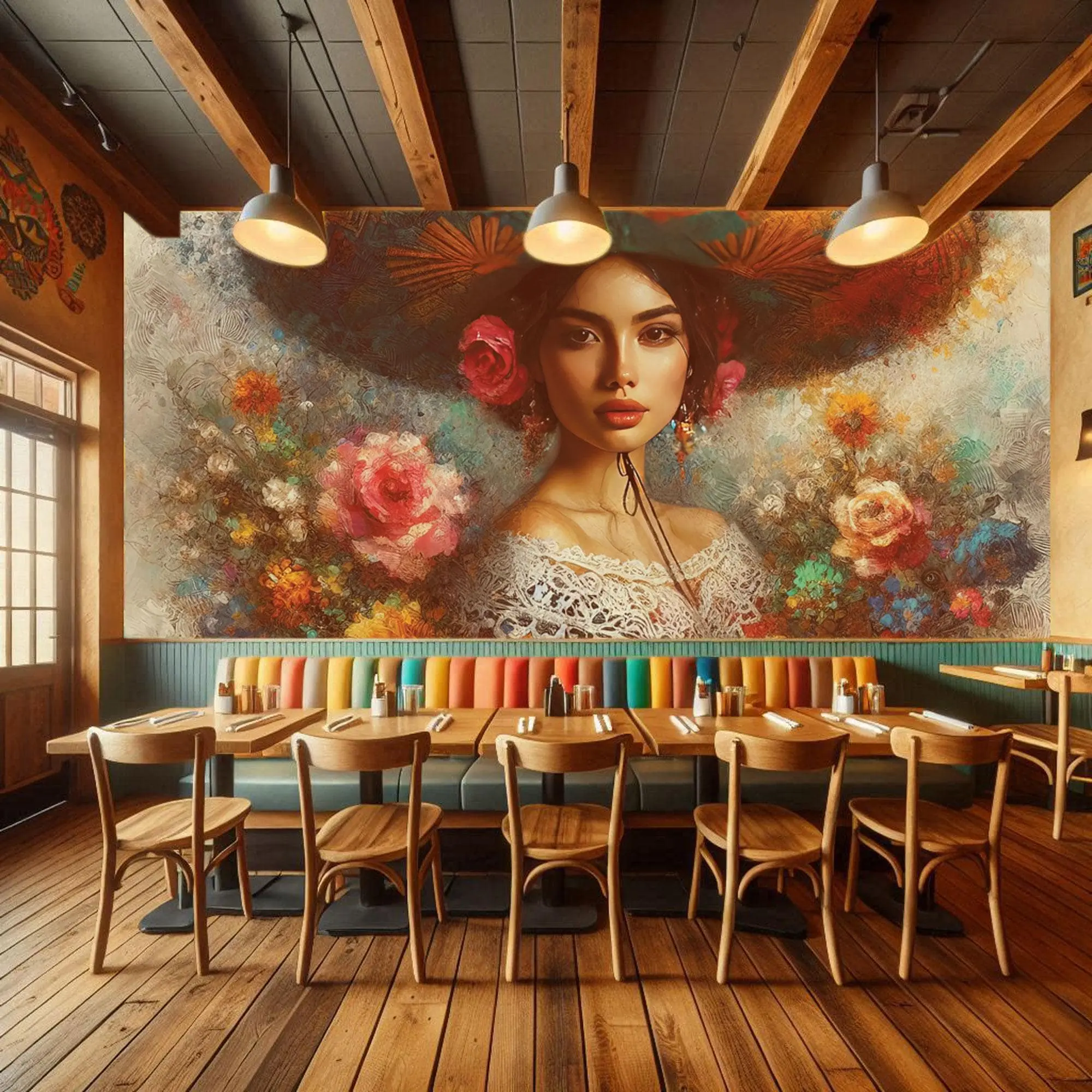 Mexican Art Style Peel and Stick Wallpaper, Vibrant Impressionistic Design with Sombrero & Floral Motifs, Restaurant Decor