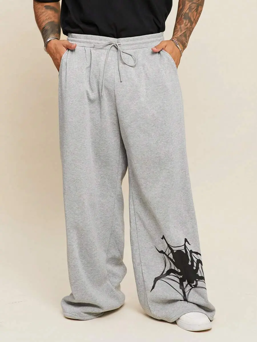 EASEVO Plus Size Men's Loose Fit Gray Spider Print Knit Wide Leg Long Sweatpants
