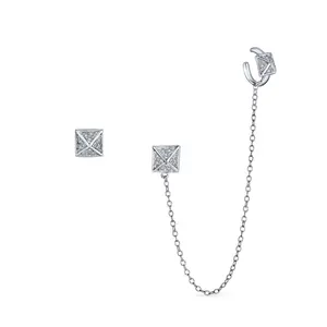 Geometric Pyramid Chain Ear Cuff Cartilage Wrap Earring Pave CZ Stud Set Silver