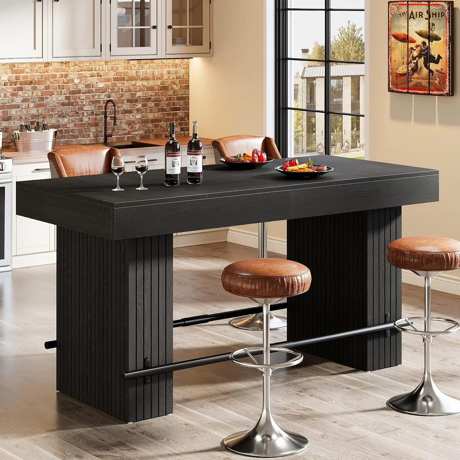 TRIBEWOOD 62.2x31.1" Industrial Ranch Bar Table, Counter-Height Rectangular High-Top Pub Piece with Metal Footrest Lever, Black Kitchen & Living Room Home Bar Island (Table Only, Seats 4-6)