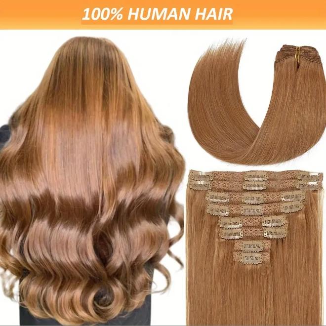 7Pcs Seamless Clip-In Straight Brazilian Remy Human Hair Extensions No Glue PU Clips 12-24 Inch 110-120g Natural Black Brown Blonde Adds Volume Length Quick Transformation Versatile Styling