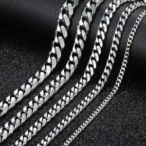 3/5/7/9/11mm Men's Silver Color Necklace Stainless Steel Cuban Link Chain For Mens Womens Basic Chokers 18-30inch Valentine Birthday Gift