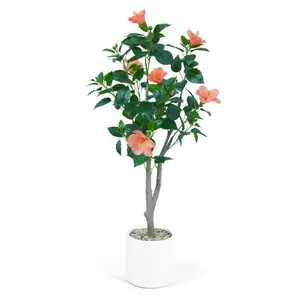 4FT Artificial Hibiscuses Tree, Faux Potted Flower Plant with Realistic Flowers, Free Faux Indoor Decorative Plant for Living Room, Bedroom, Office, or Entryway – Includes White Pot