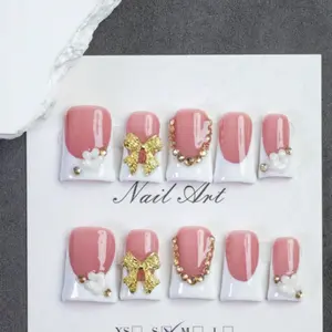 Y2K Style Short Press-On Nails, & French Manicure, Handmade Fake Nails with Gold Bow & Floral Decor, Fashion Nail Art Set