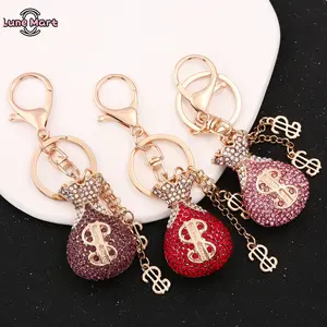 Rhinestone Money Bag Keychain With Dollar Sign Charms Bling Crystal Fortune Pouch Bag Pendant Key Ring For Good Luck Gift Multi Colors Available