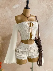 Boho Knit Two-Piece Set, Off-Shoulder Flare Sleeve Top and Ruffle Shorts, Summer for Beach Vacation, Music Festivals, Dates