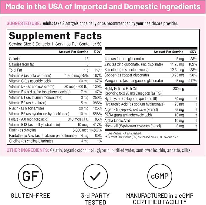 NatureWise Hair Skin and Nails Vitamin, Biotin 5000mcg w/Hyaluronic Acid, Collagen for Women with C, B Complex, D3, A, E, Iron - Non-GMO, Gluten Free - USA Manufactured