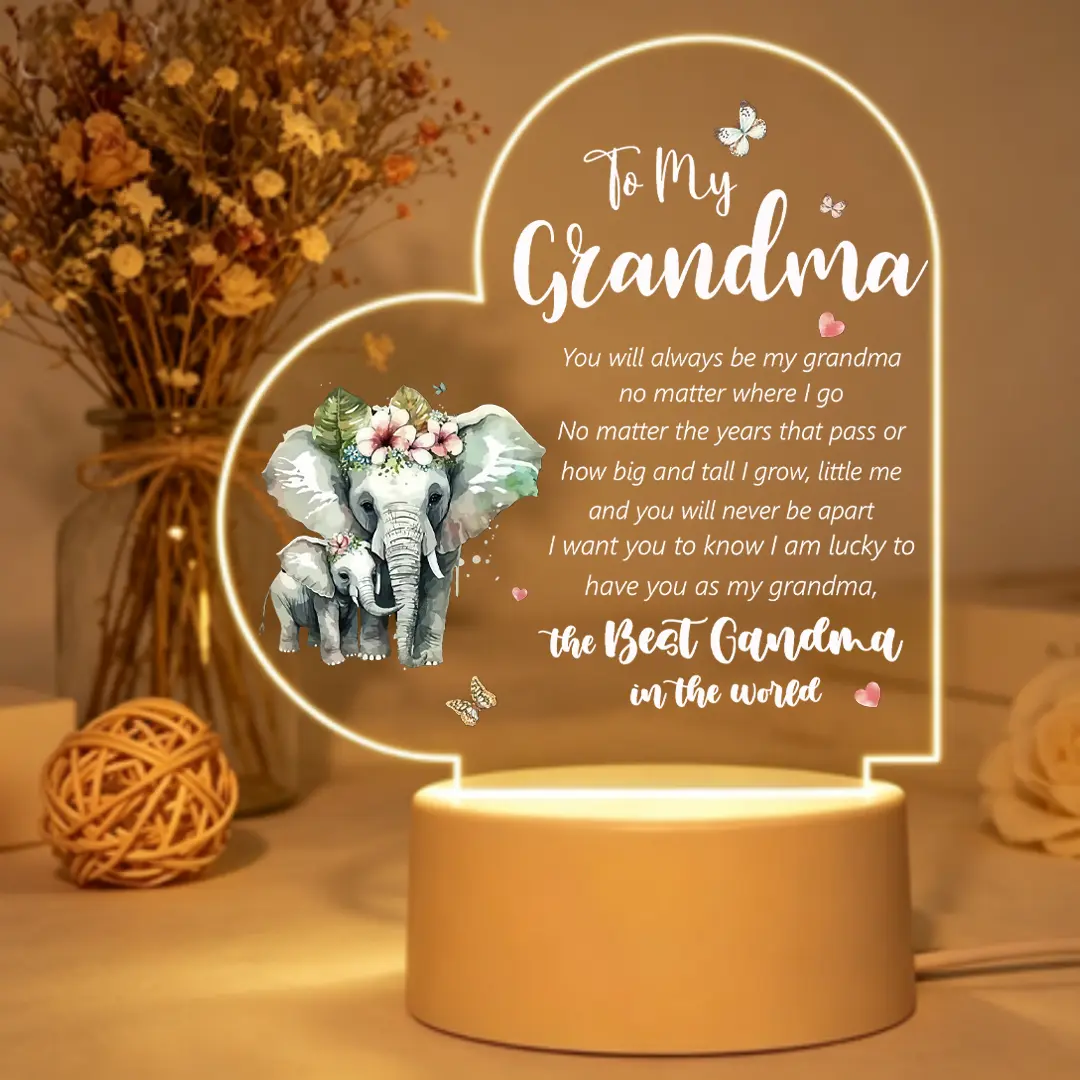 Engraved Acrylic Grandma Night Light - Heart-Shaped Watercolor Elephant LED Lamp, USB-Powered Warm Glow, Sentimental Grandchild Gift, Indoor Love-Themed Bedroom Decorative Lantern Light