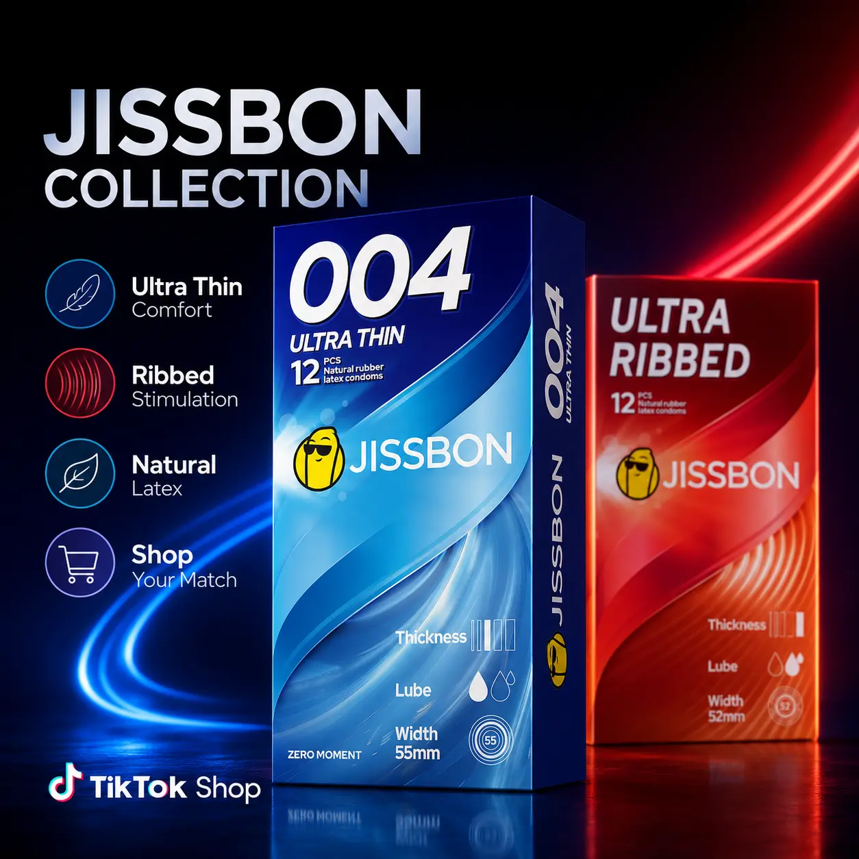 Men's Jissbon 52mm Natural Latex Condom Set - Super Thin Close Fit, Raised Ribbed Textured, Smooth Lubricated, Skin-Friendly, Natural Stretchable, Standard/Wide Dual Sizes, No Extras, Personal Safety Supplies for Personal Use & Backup Stock