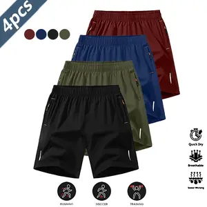 Men's Quick-Dry Breathable Shorts 4-Pack Casual Sport Style Anti-Wrinkle Design Polyester Blend Solid Color Reflective Strips Suitable for Running Football Badminton Basketball Ping Pong Weightlifting Gym Workout Men's Short Pant Sets