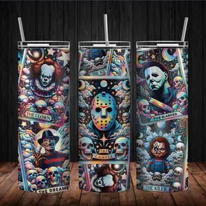 Halloween Horror Movie Characters Tarot Cards 20oz Tumbler with Metal Straw, Cleaning Kit, Rubber Bottom, Reusable Drinkware - Beverage