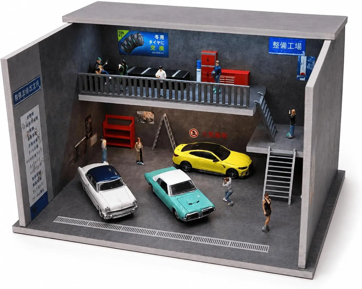 Diorama 1/64 Car Garage Model LED Lighting Double Decker Car Repair Workshop Model Parking Lot Backdrop Display Scene Model Collection Toy Gift