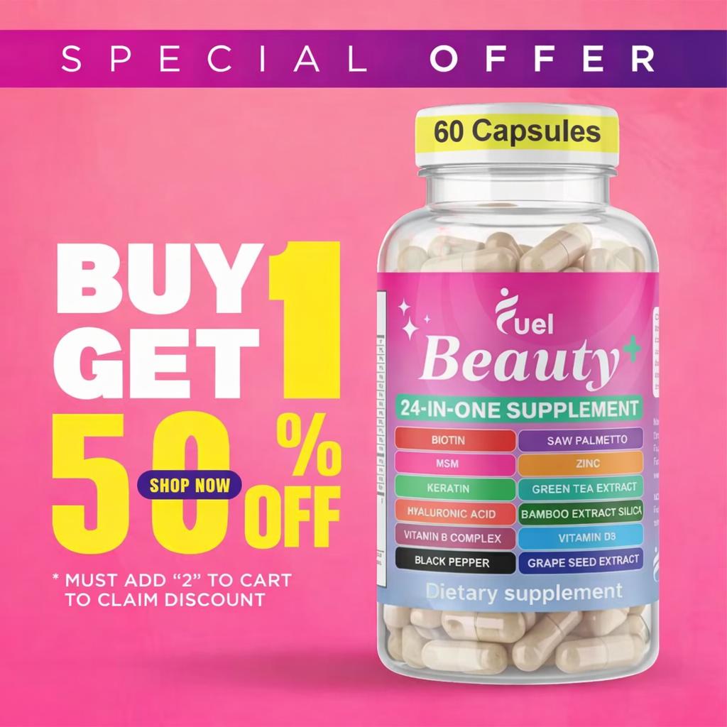 Fuel Beauty 24-IN-1 Complete ALL-IN-ONE Hair Growth, Skin & Nails 60 Capsules with 30,000 MCG DHT Blocking Saw Palmetto Formula & 24 Powerful Ingredients for Radiant Skin & Healthy Hair Pro Collagen Hydrating Colagen Optimum Fitness Dietary Healthcare