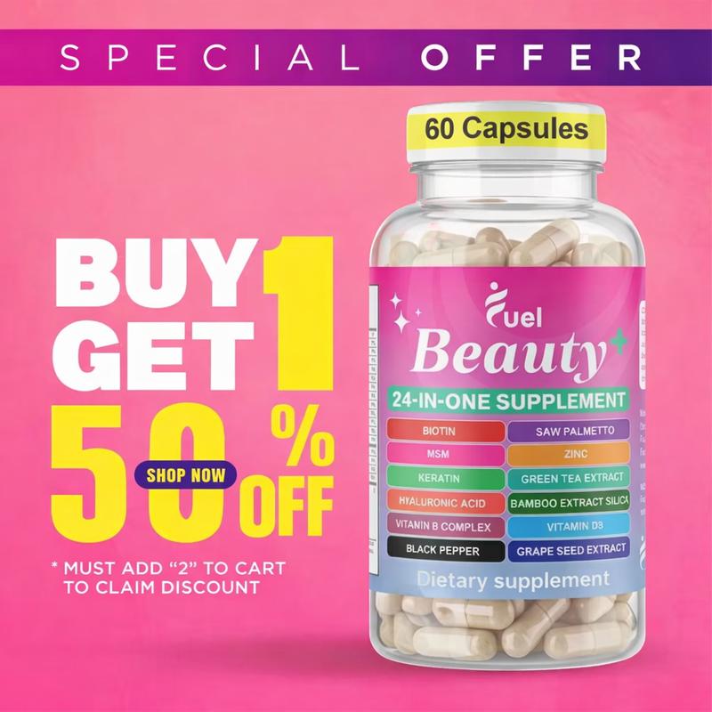 Fuel Beauty 24-IN-1 Complete ALL-IN-ONE Hair Growth, Skin & Nails 60 Capsules with 30,000 MCG DHT Blocking Saw Palmetto Formula & 24 Powerful Ingredients for Radiant Skin & Healthy Hair Pro Collagen Hydrating Colagen Optimum Fitness Dietary Healthcare