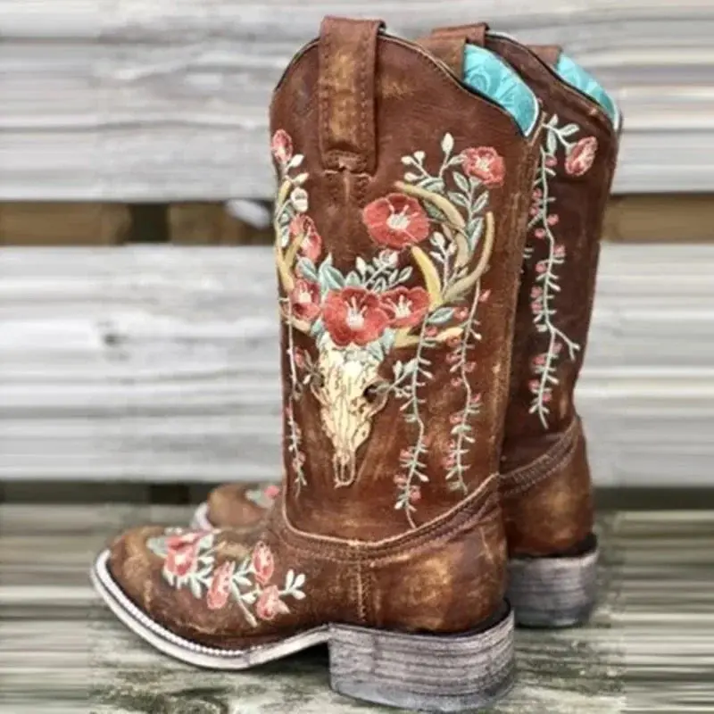 Womens Brown & Black Skull Floral Boots